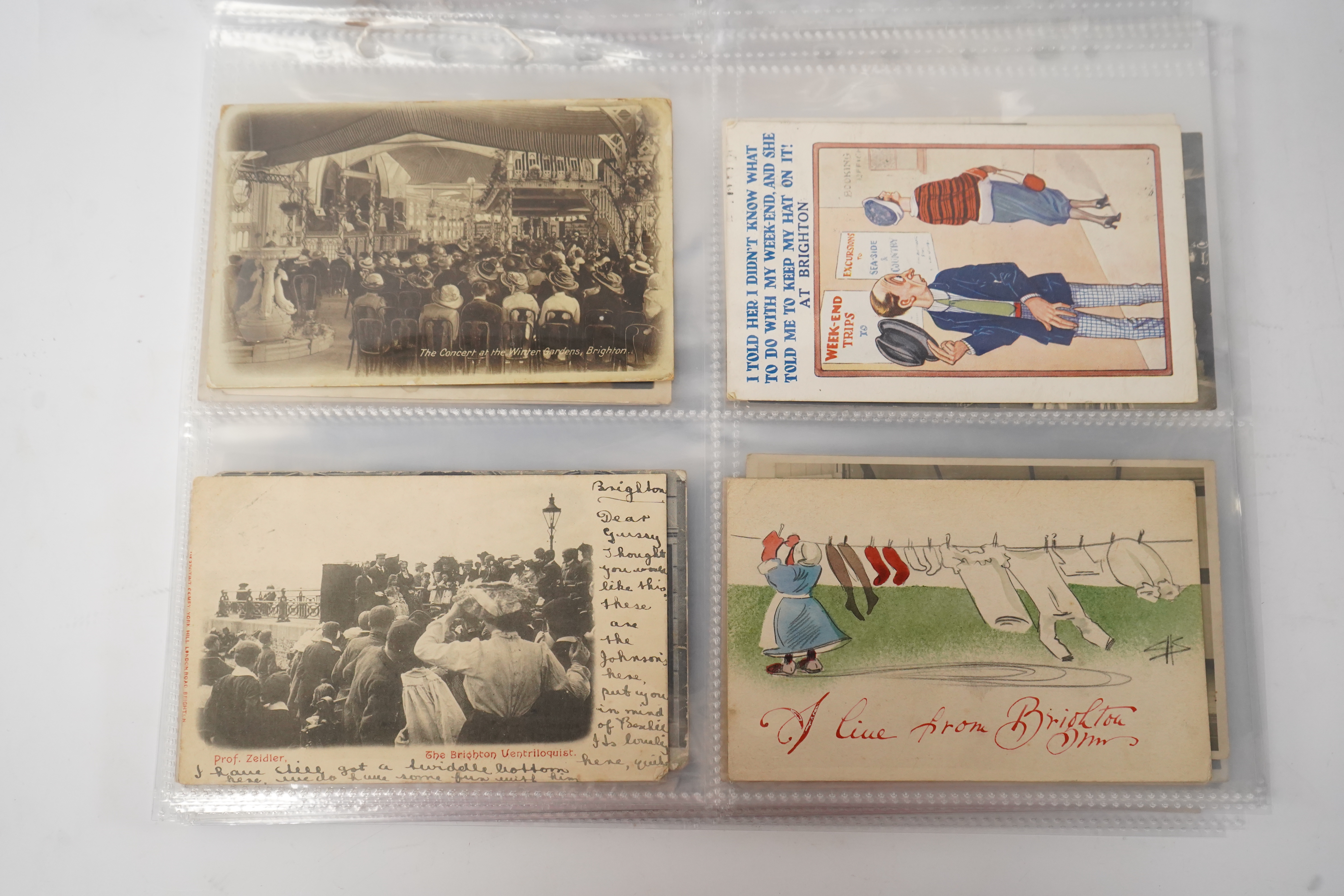 Brighton & Hove interest; a collection of one hundred and twelve assorted vintage postcards, mostly pre WW1, including novelty, shopfronts and Albion football matches